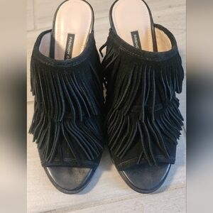 French Connection Black Fringe Mules